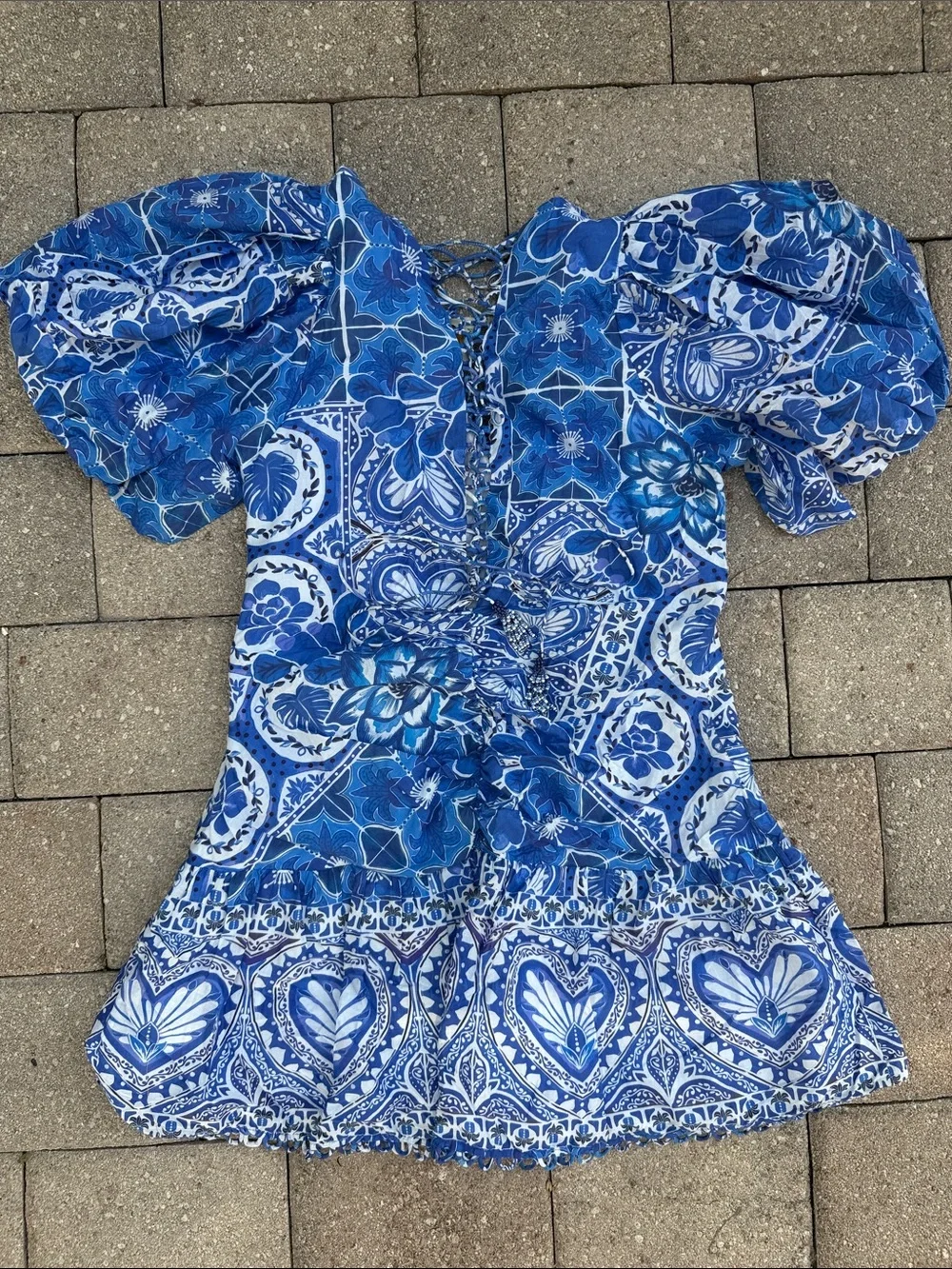 Farm Rio Blue Printed Puff-Sleeve Wrap Top